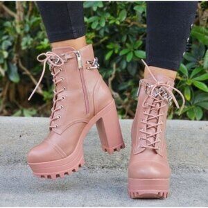 Women's Nude Platform Heel Boots Chunky Ankle Lace Up